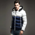 Winter padded coat with hood in white blue colour block design, front view