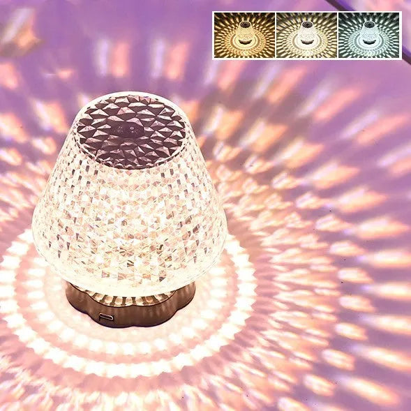 Crystal table lamp with touch sensor base showing three colour temperature options on tabletop