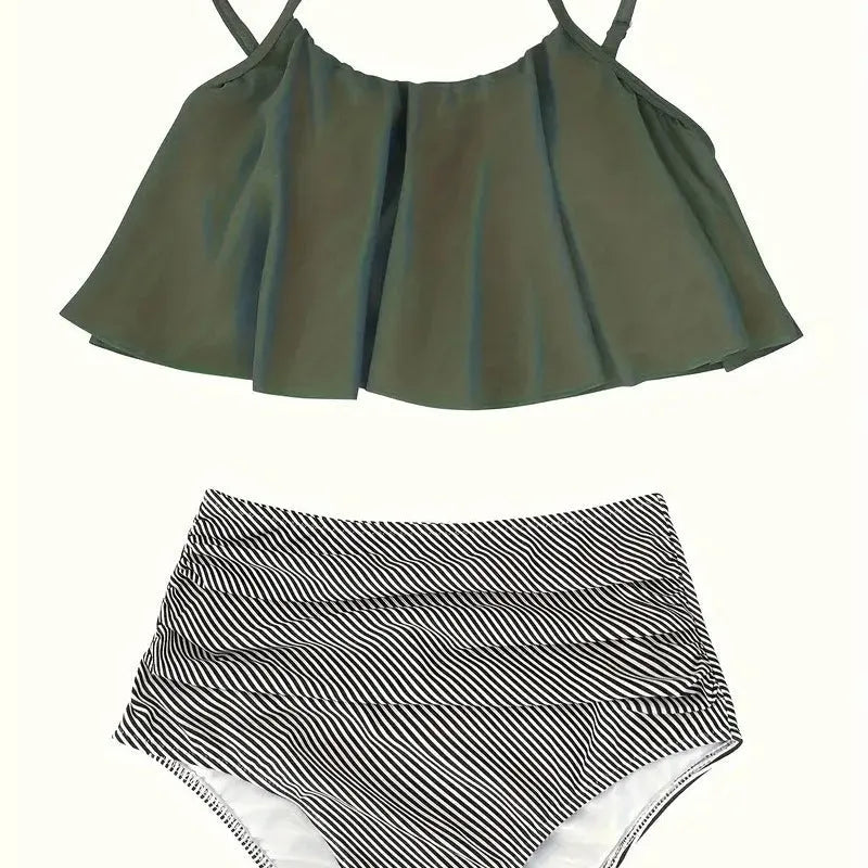 Women's conservative split swimsuit with ruffled detailing and high-waist briefs in polyester fabric