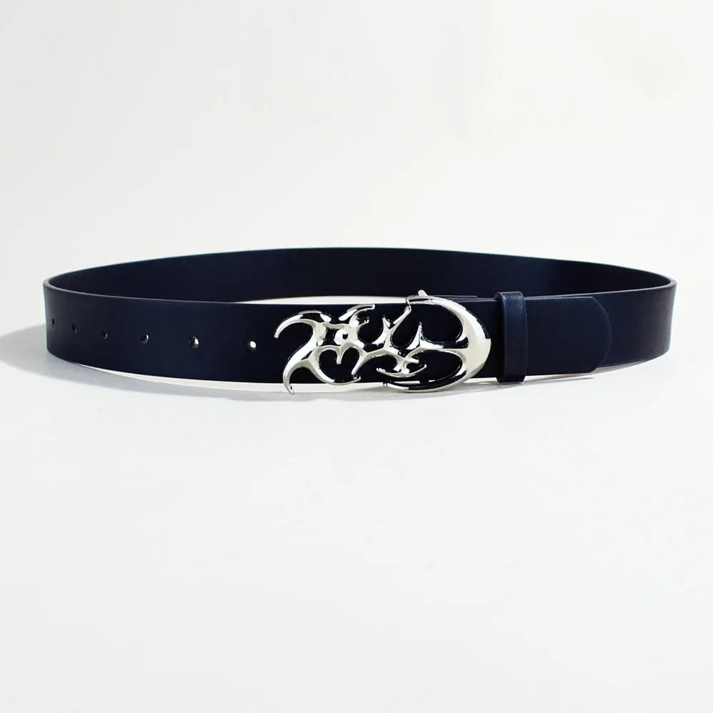 Men's silver buckle casual belt with PU leather strap measuring 105cm long
