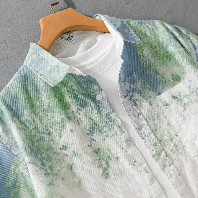 Men's grey loose fit short-sleeved cotton cardigan shirt on hanger