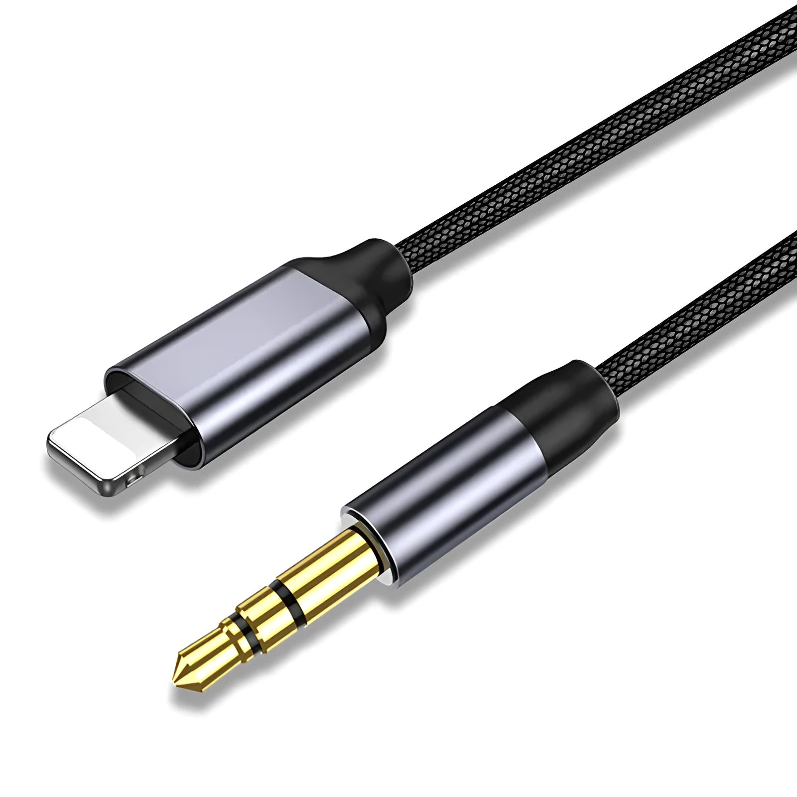 Silver and black headphone audio cable with 3.5mm jack for car stereo connection.