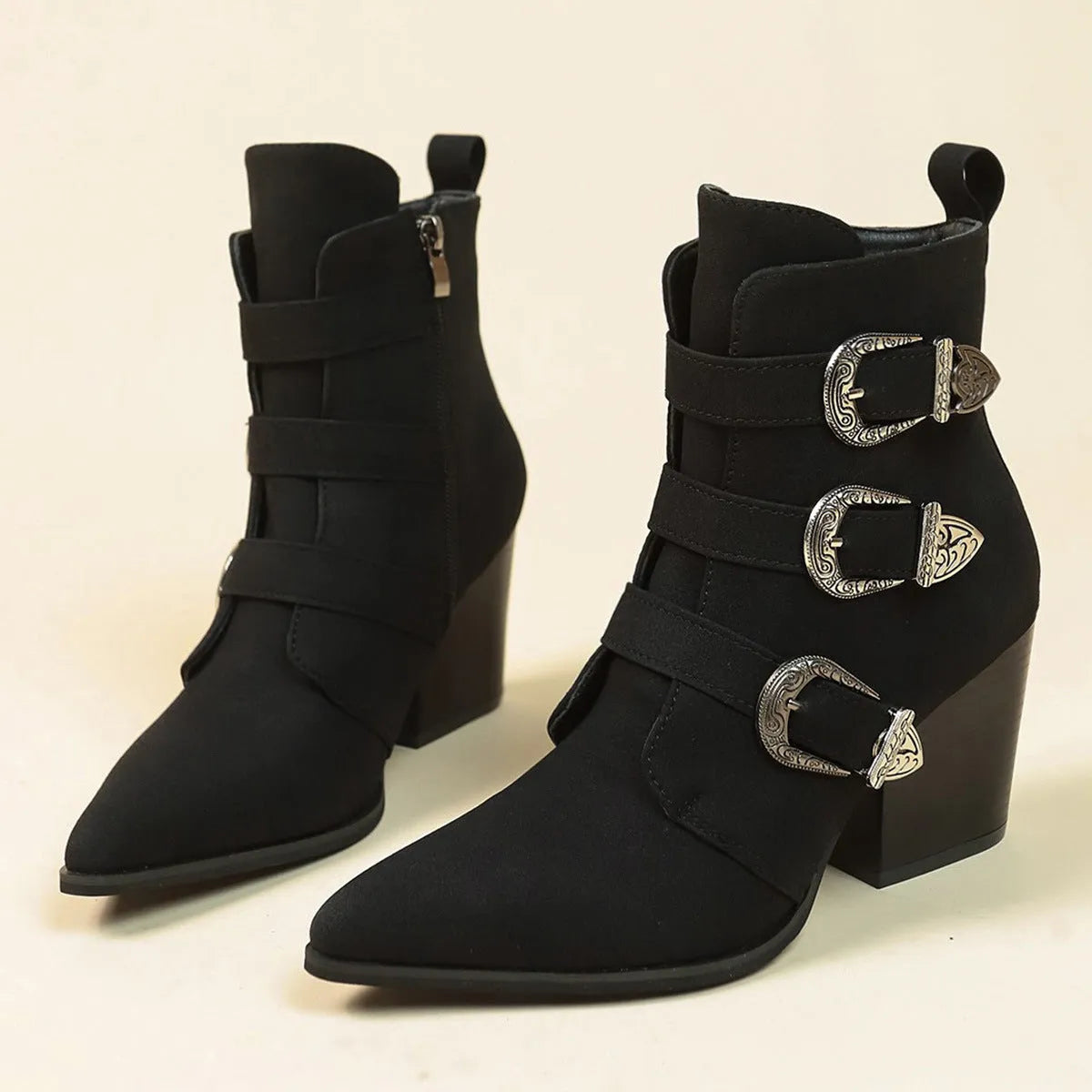 Chunky heel pointed toe retro mid-calf boots with belt buckle design for women, black colour, side view