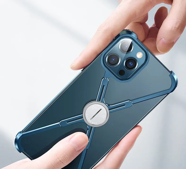 X-shape metal airbag phone case for iPhone 12, black colour, with bare metal frame and hollow side frames