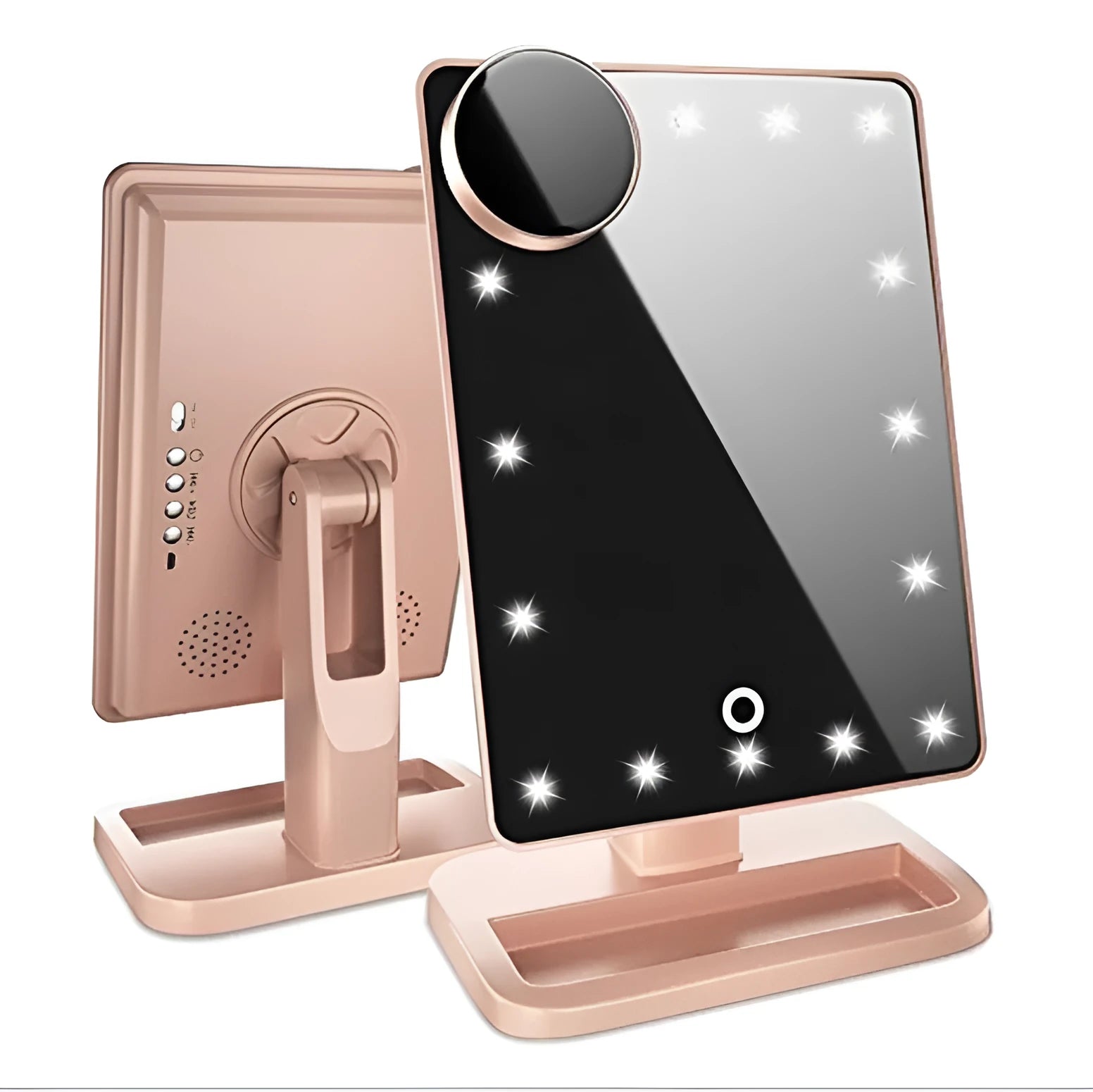 Pink and white LED makeup mirror with circular lights and Bluetooth speaker on a vanity table.