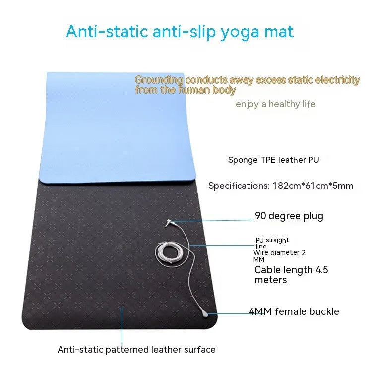 Blue conductive grounding yoga mat with floral pattern, showing grounding wire and 182cm x 61cm x 5mm dimensions.