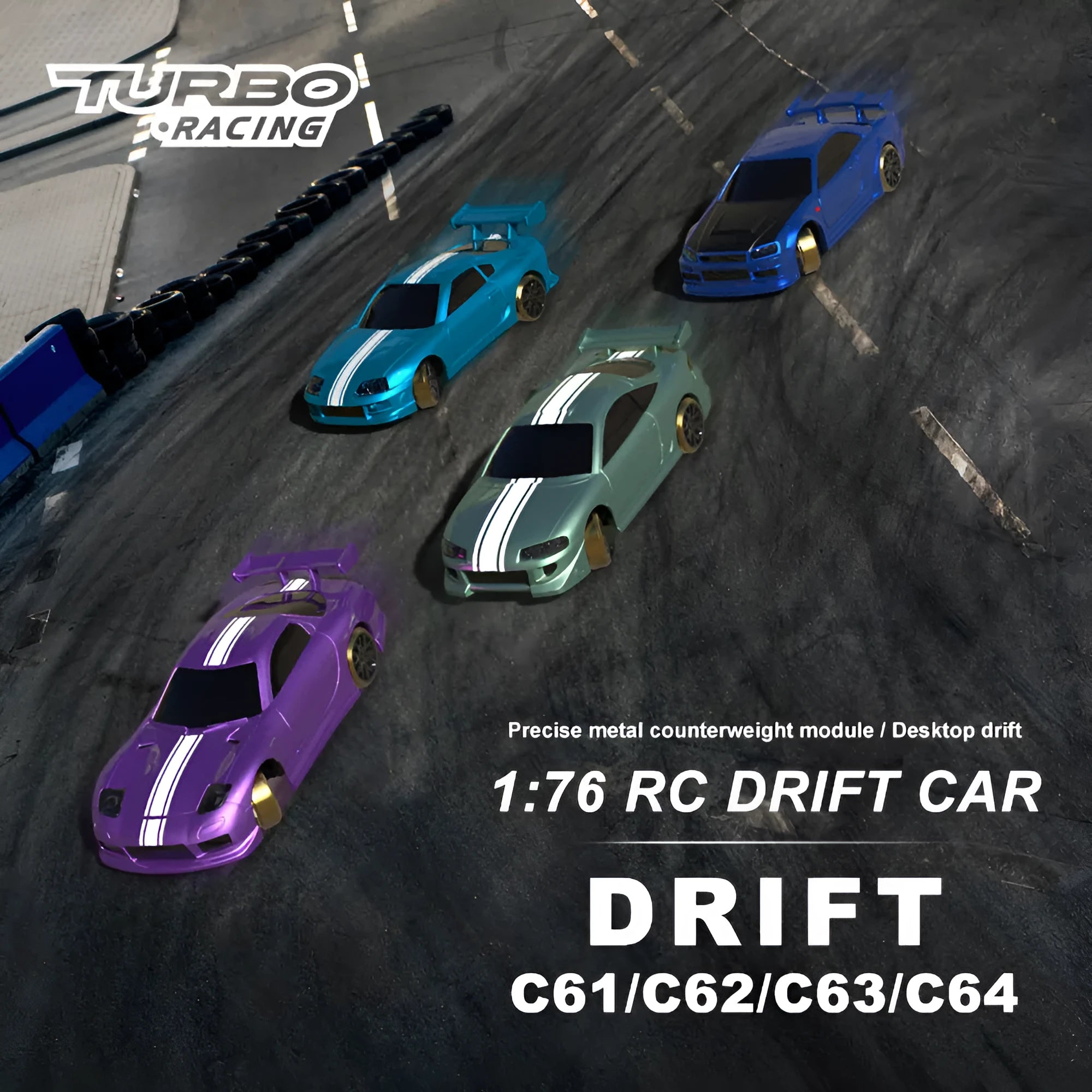 Turbo Racing 1:76 scale mini RC drift car with green body on drift track, remote control and storage box visible