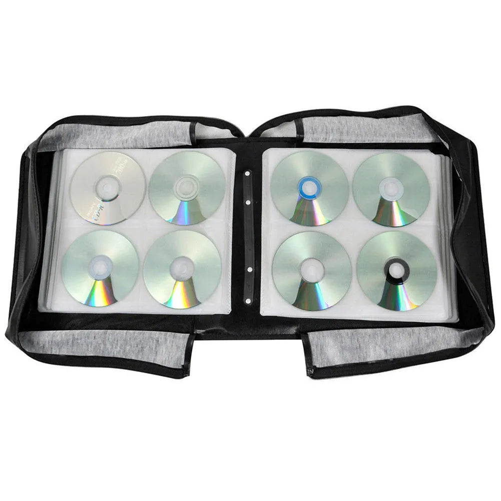 Black Oxford cloth CD storage binder with zipper and top hand strap for large disc collections