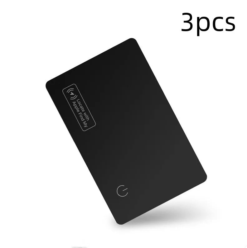 Black ultra-thin anti-loss tracking card for Apple devices with wireless charging, shown next to a credit card for size comparison.