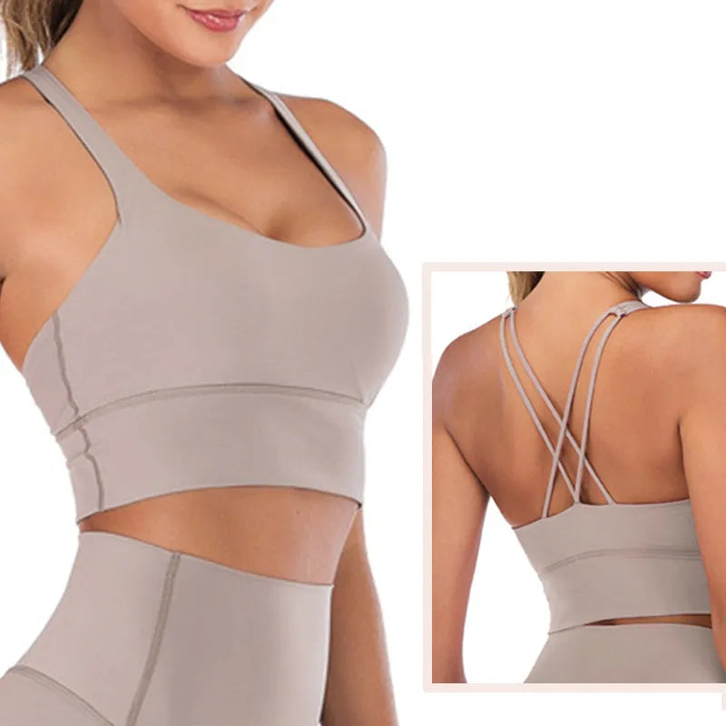 Women's yoga outfit with thick mold cup bra, glossy nylon spandex, fixed shoulder straps, green and purple gray