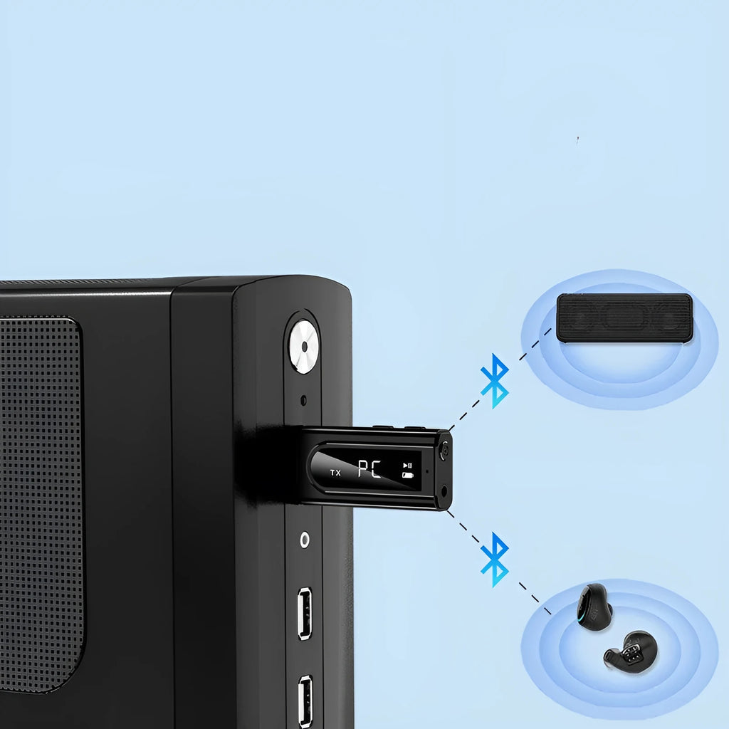 Black USB car FM Bluetooth receiver adapter with USB and AUX ports on front.