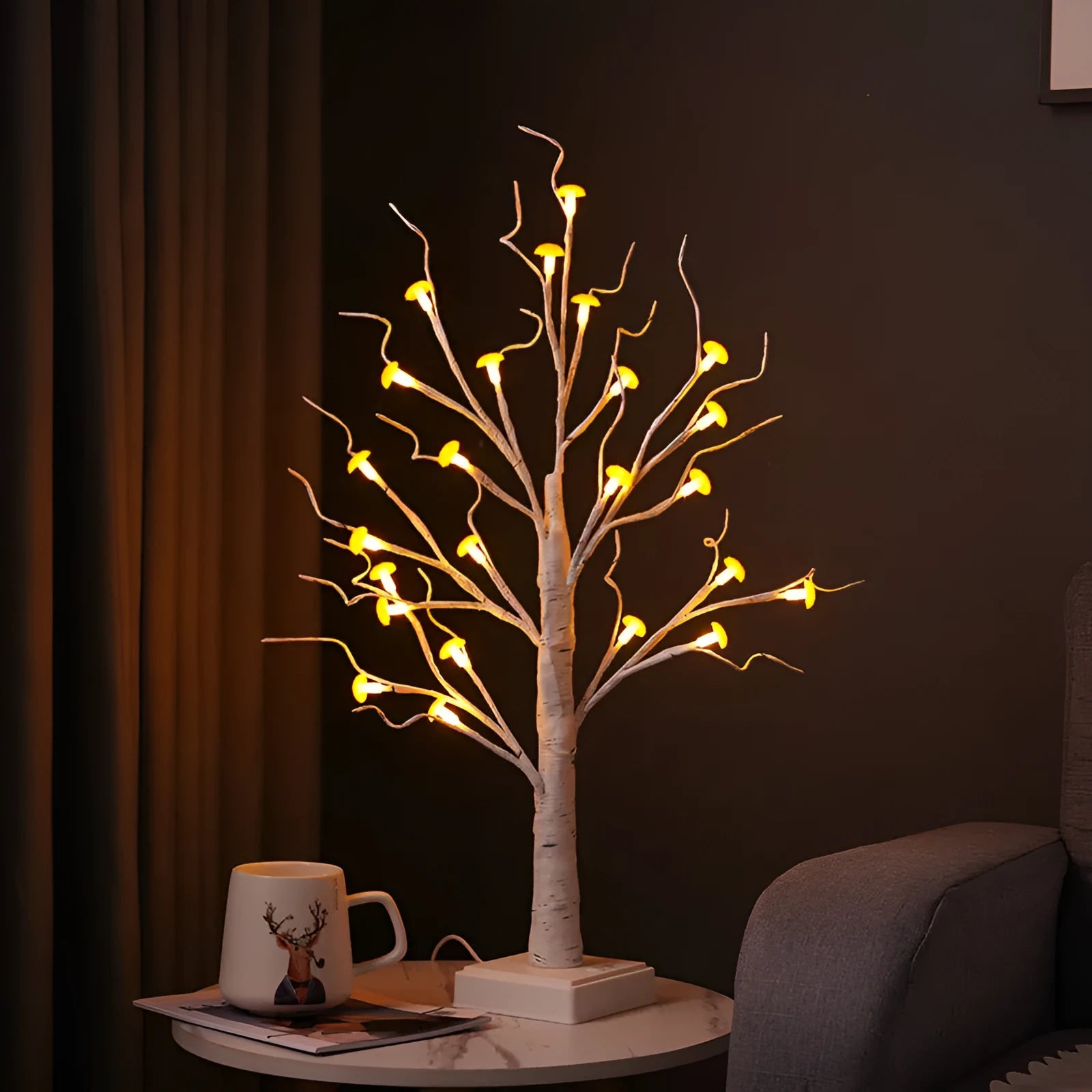 60 cm tall white Birch tree LED lamp with 24 small mushroom flower lights on plastic branches.