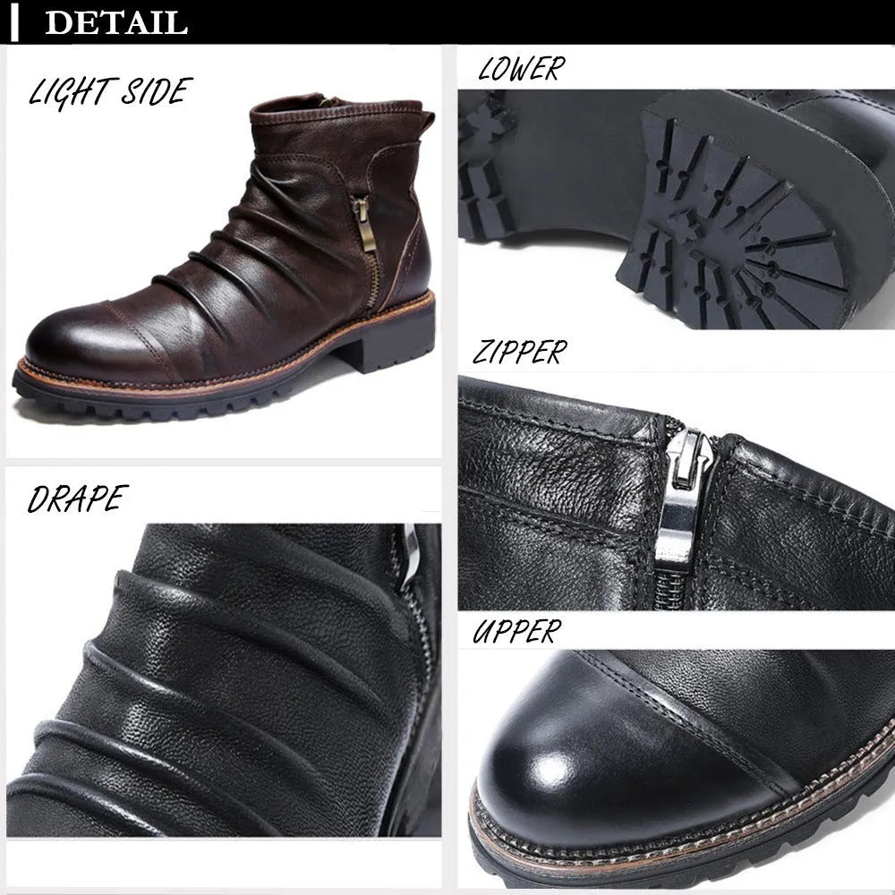 Mid-calf black cowboy boot with side zipper, embossed pattern, round toe, and a mid-height heel.