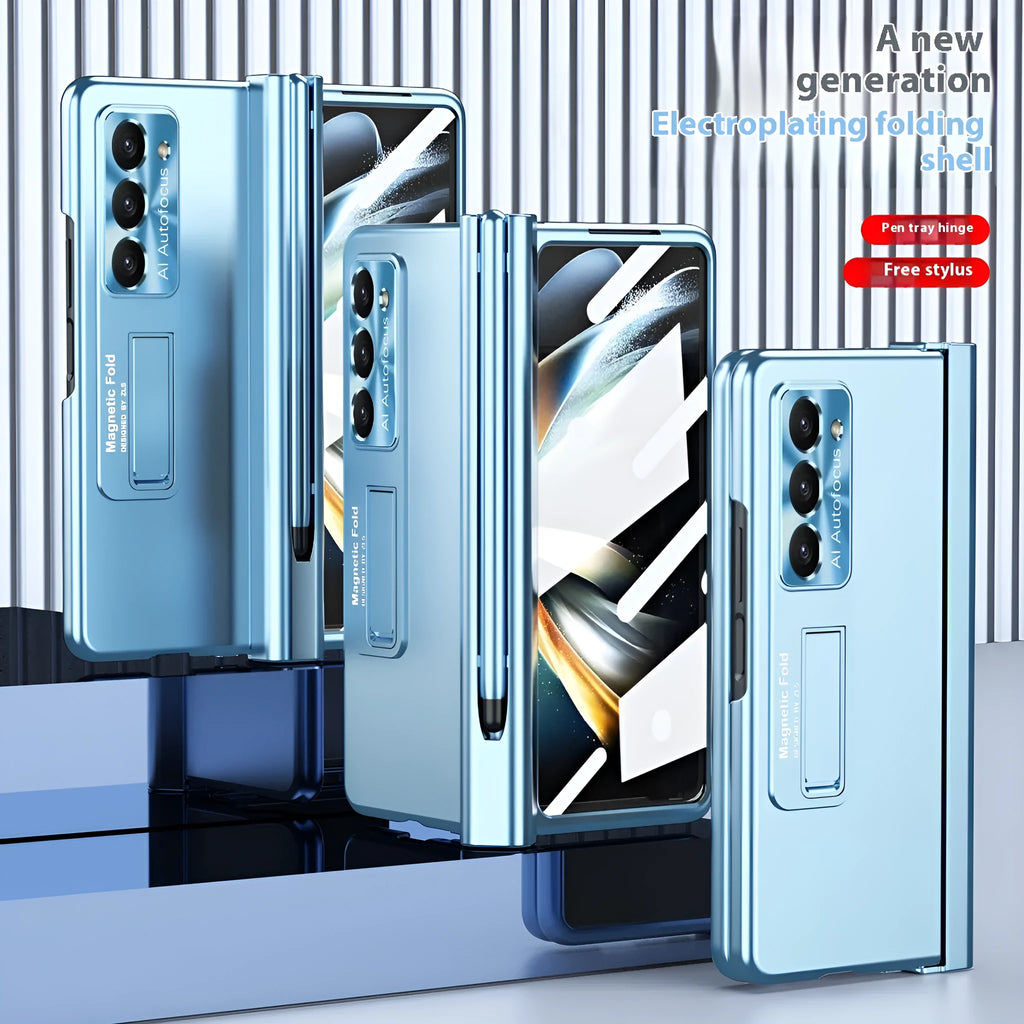 Magnetic suction phone case for Samsung Z Fold5 with hinge cover and bracket in ice lake blue