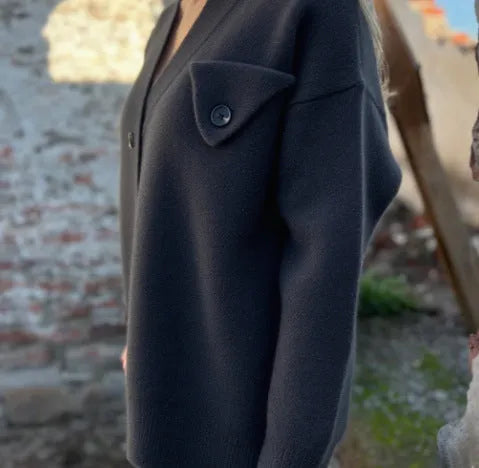 Winter knitted long sleeve cardigan in dark gray with crochet detail, loose fit, made of polyester