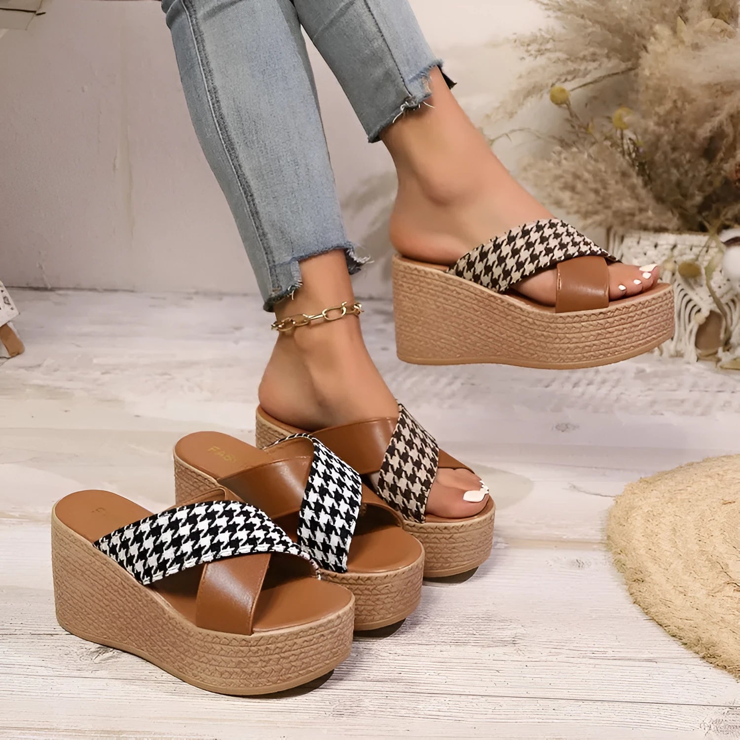 Cross leopard plaid wedge sandals in black or brown with rubber sole and plastic construction