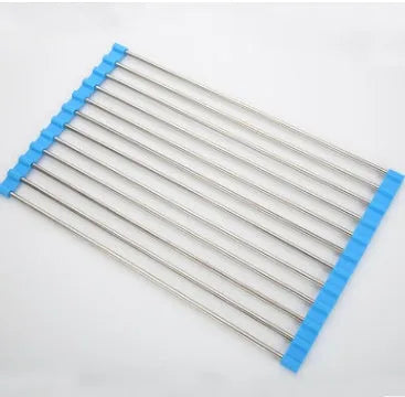 Stainless steel folding kitchen drain rack with plastic tubes in a kitchen sink