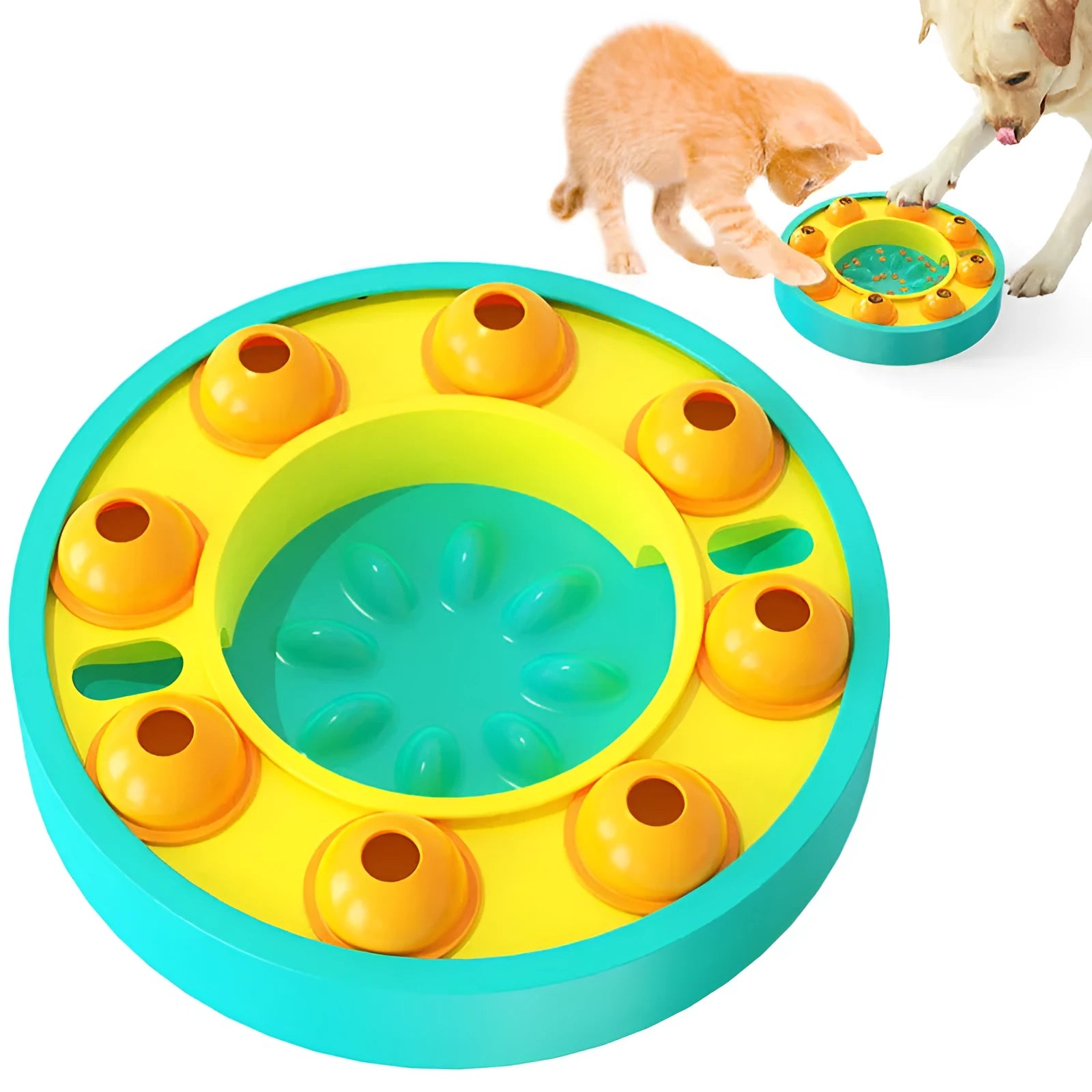 Round blue interactive dog slow feeder puzzle toy with central column and food turntable on a table