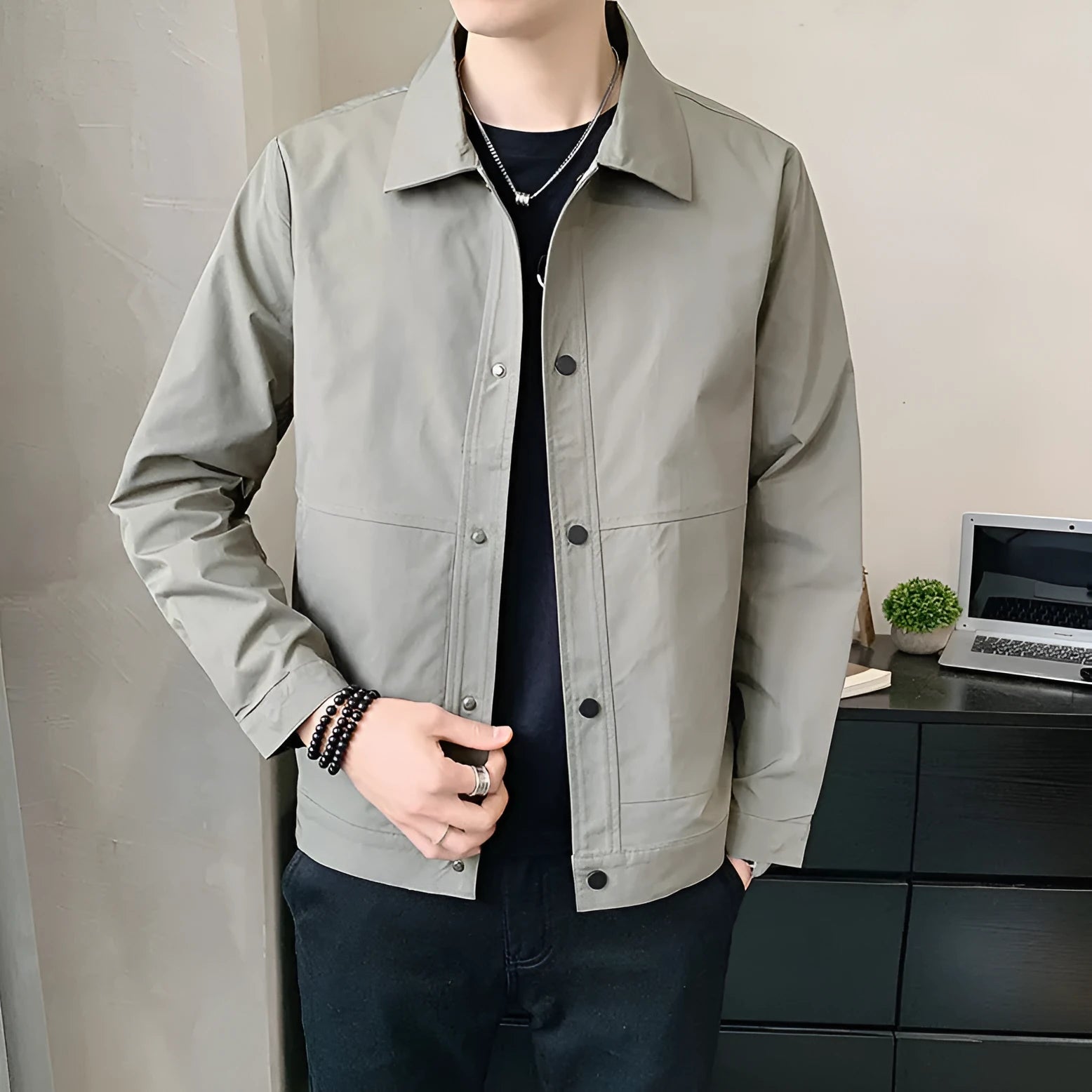 Men's thin single-layer long sleeve jacket in a Korean style, shown in a neutral colour.
