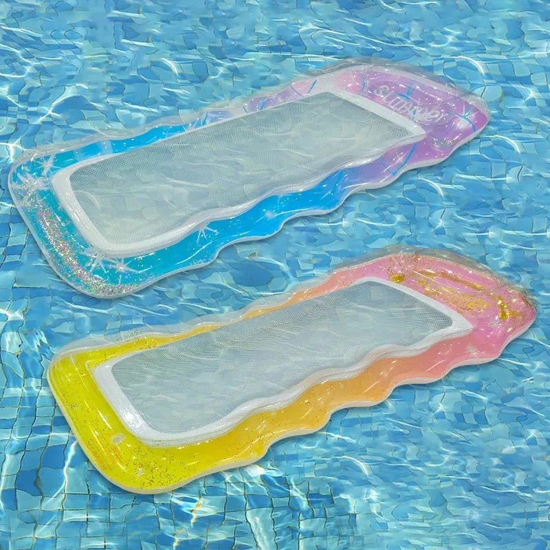 PVC inflatable floating row pool lounger in gradient blue-purple sequined design on water