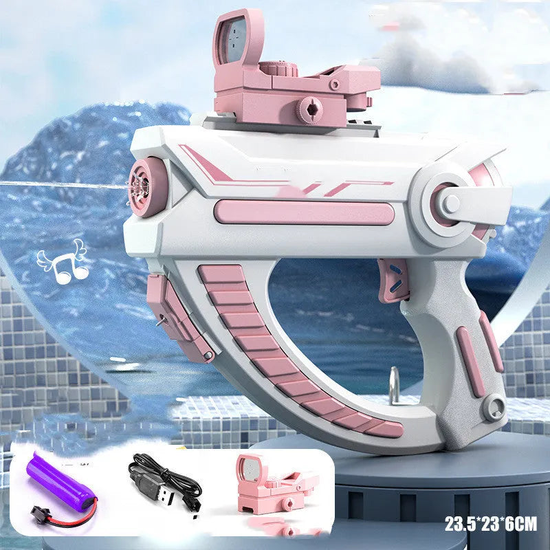 Blue automatic electric water gun with USB charging port held in a child's hand, ready for summer outdoor play.