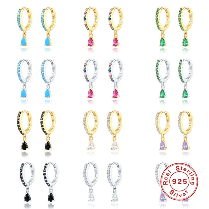 Sterling silver geometric water drop earrings with a gemstone accent on a gold or silver plated finish.