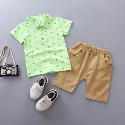 Anchor printed cotton children's trousers suit in Korean style with short sleeves