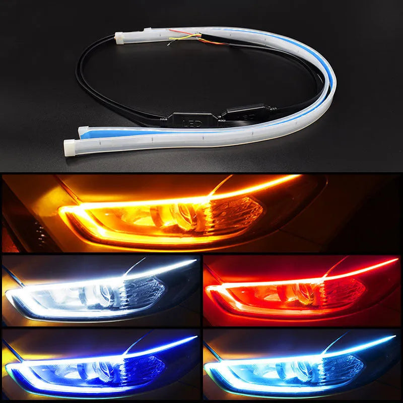 Silicone waterproof car LED strip for daytime running lights and flowing turn signals, showing wire connections.