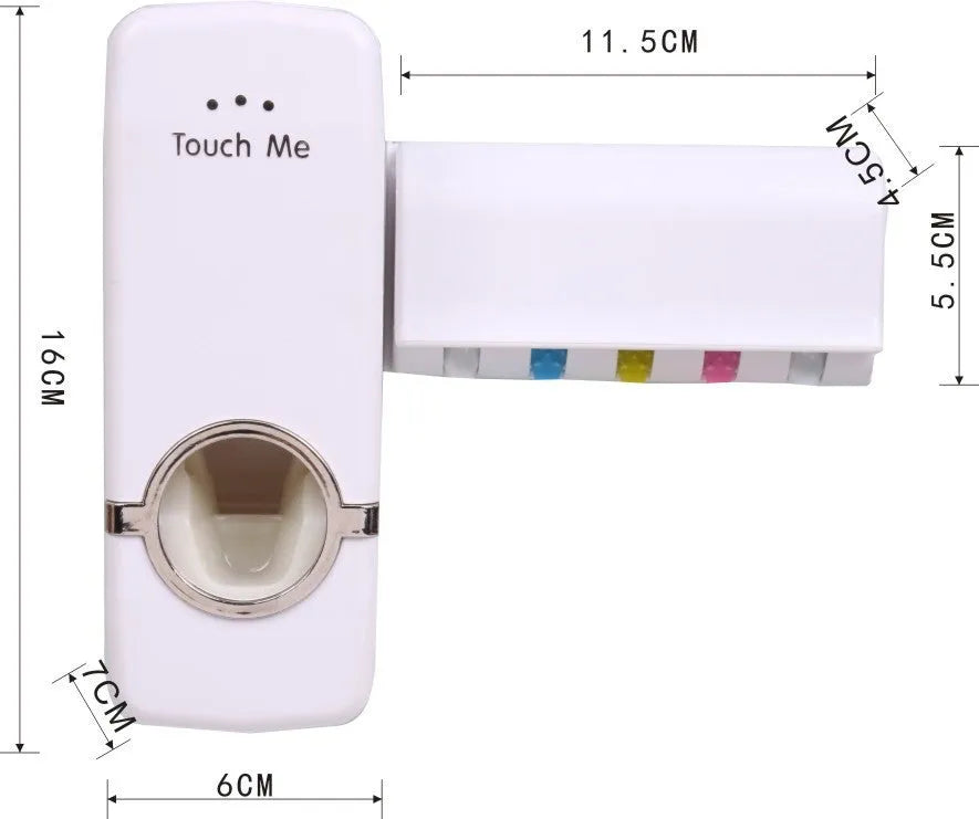 White adhesive wall-mounted toothbrush holder with pump on a bathroom tile.
