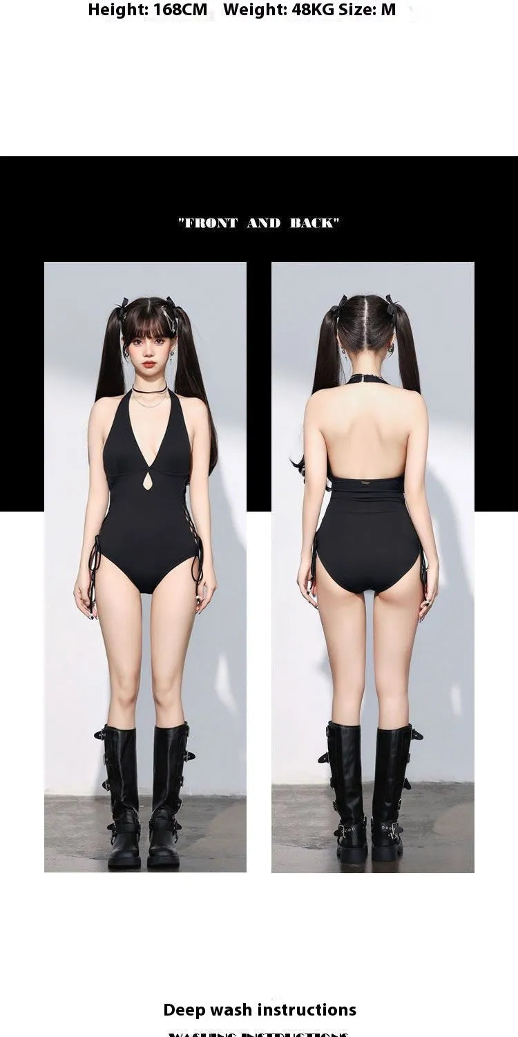 Black women's V-neck one-piece swimsuit with hollow strap design