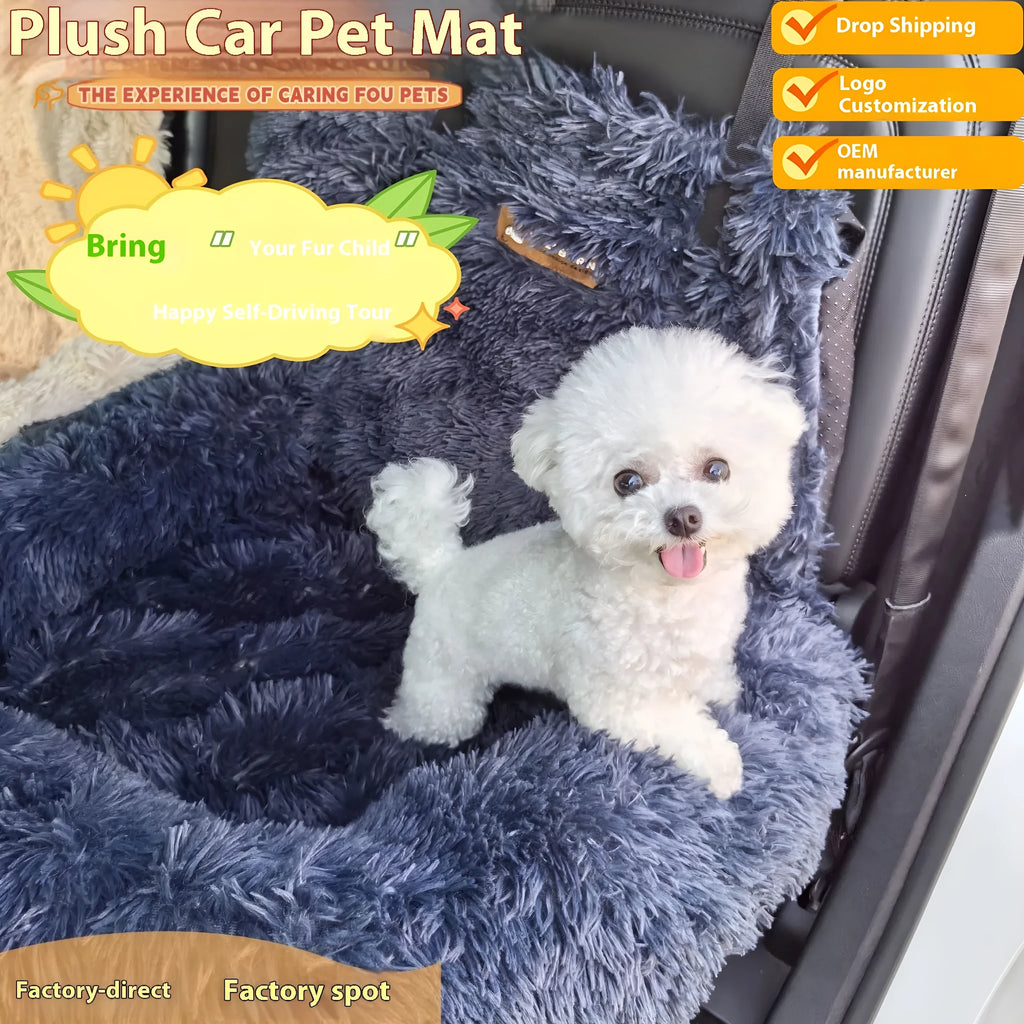 Dark grey thick thermal pet mat placed on a car seat.