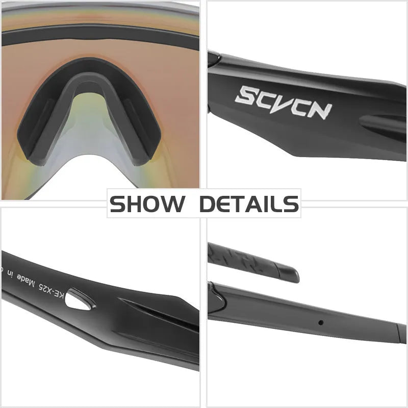 Integrated lens windproof sports goggles in a frameless design, shown in one of six colourful style options.