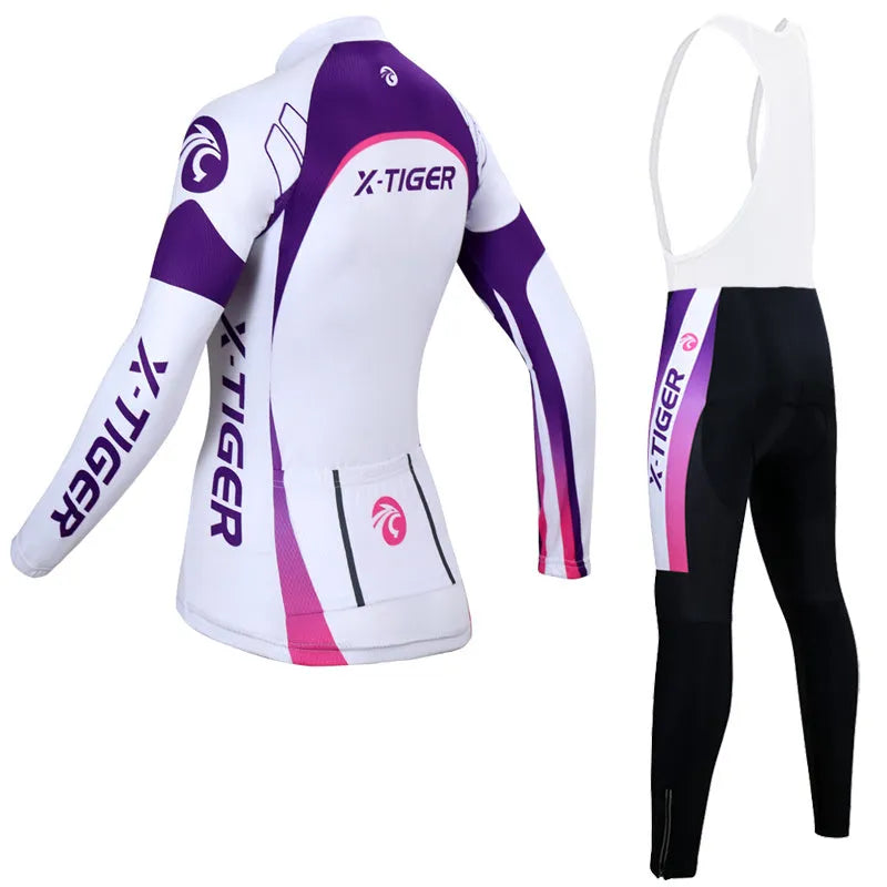 Women's long-sleeved cycling jersey suit in white and purple, full-zip with breathable gel pad