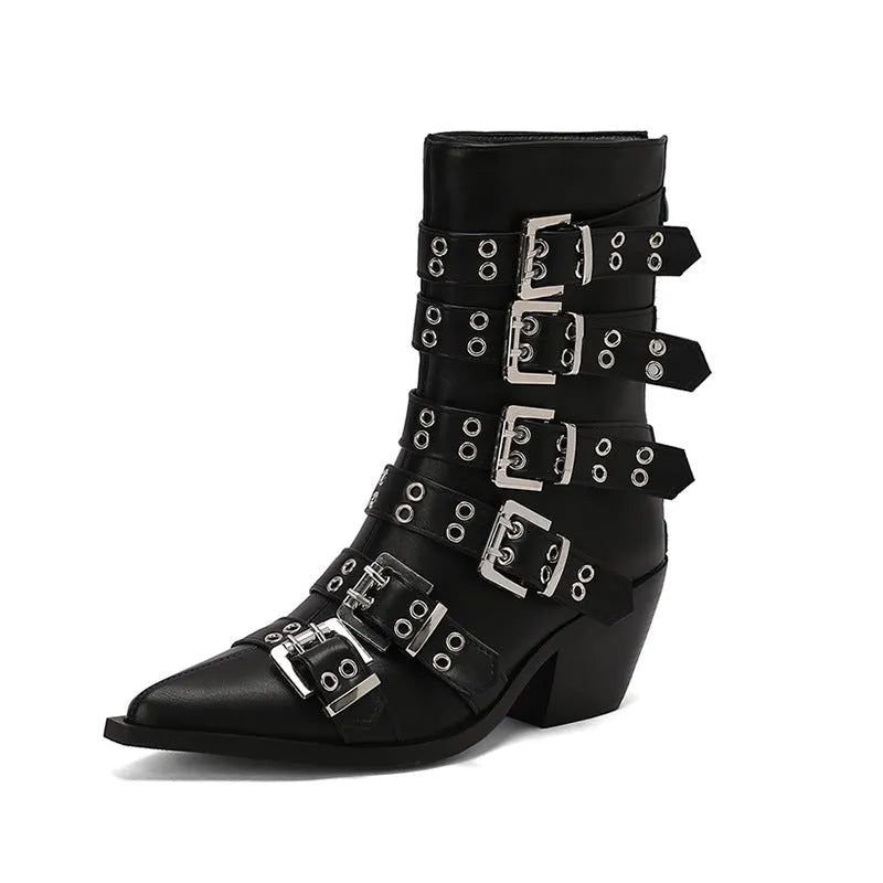 Autumn winter pointed knight women's boots with belt buckle, black patent leather, plus sizes