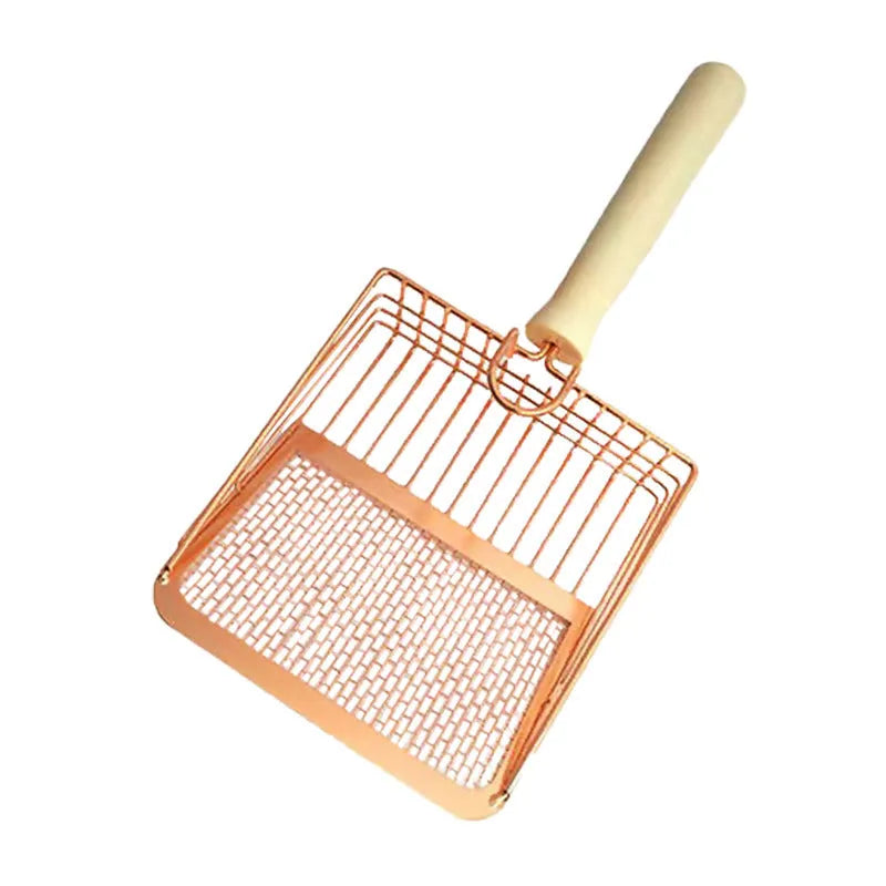 Stainless steel cat litter shovel with wooden handle showing screen filtration area and sharp edges