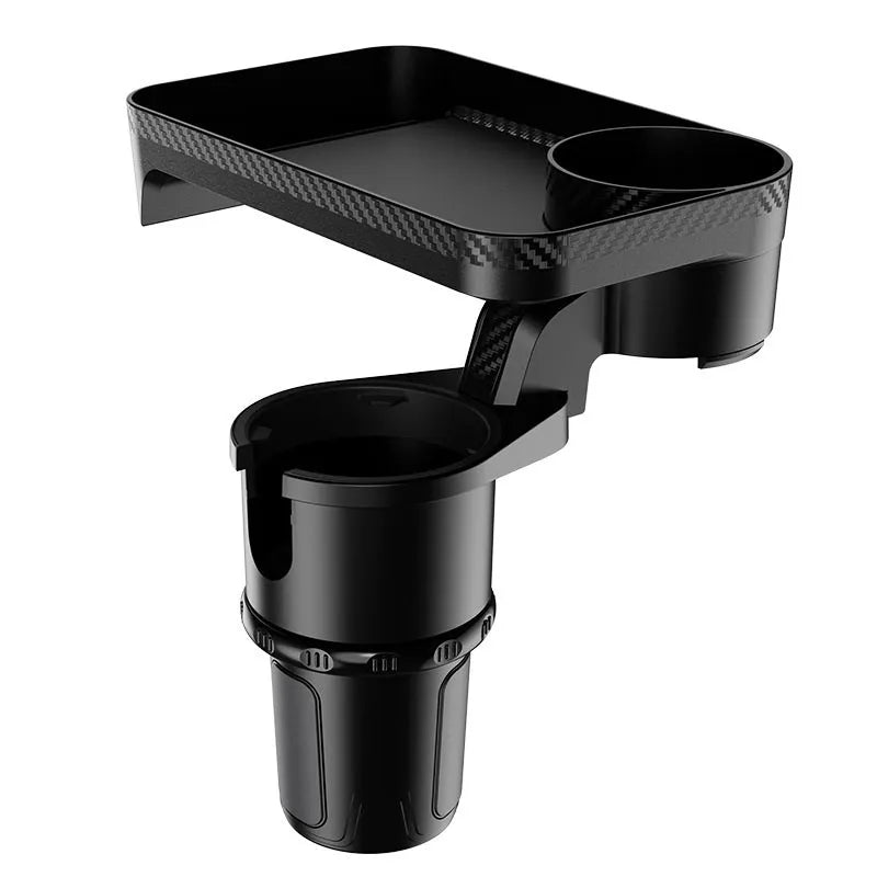 Black ABS plastic car-mounted dinner tray holder rotating in a vehicle cup holder.