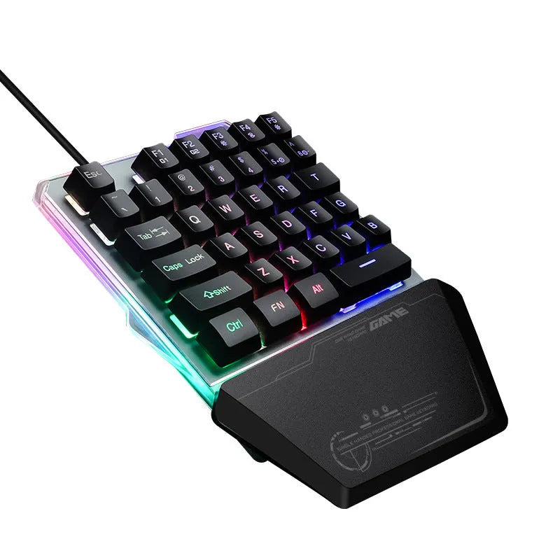 G40 black one-handed mechanical gaming keyboard with RGB backlit keys and a USB cable.