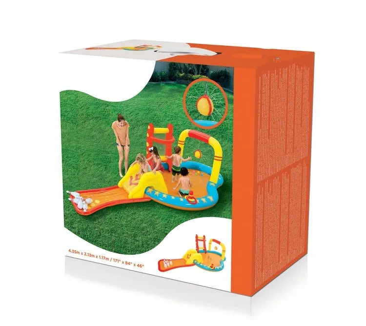 Inflatable PVC children's paddling pool 435x213x117cm in bowling water park design, deflated on grass