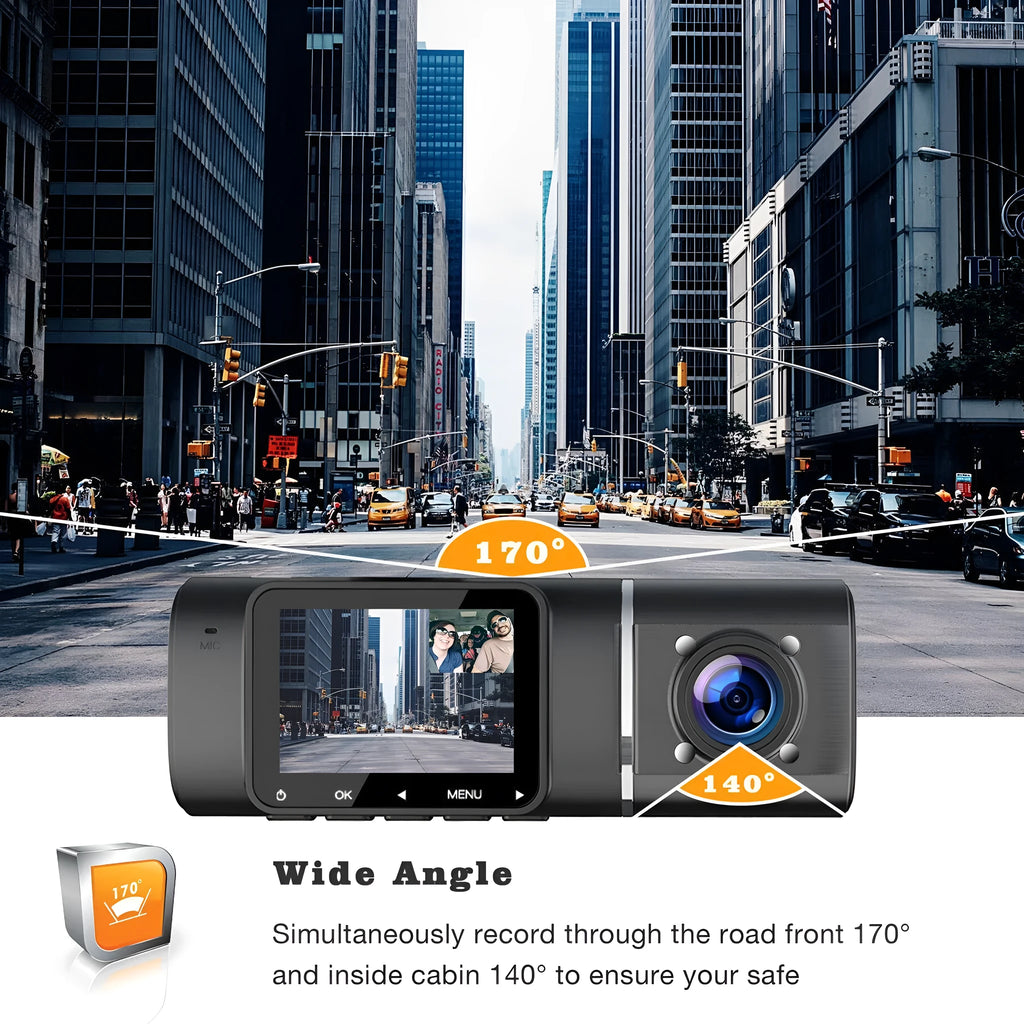 Standard black 1080p dashcam car camera with screen, shown with car charger and stand.