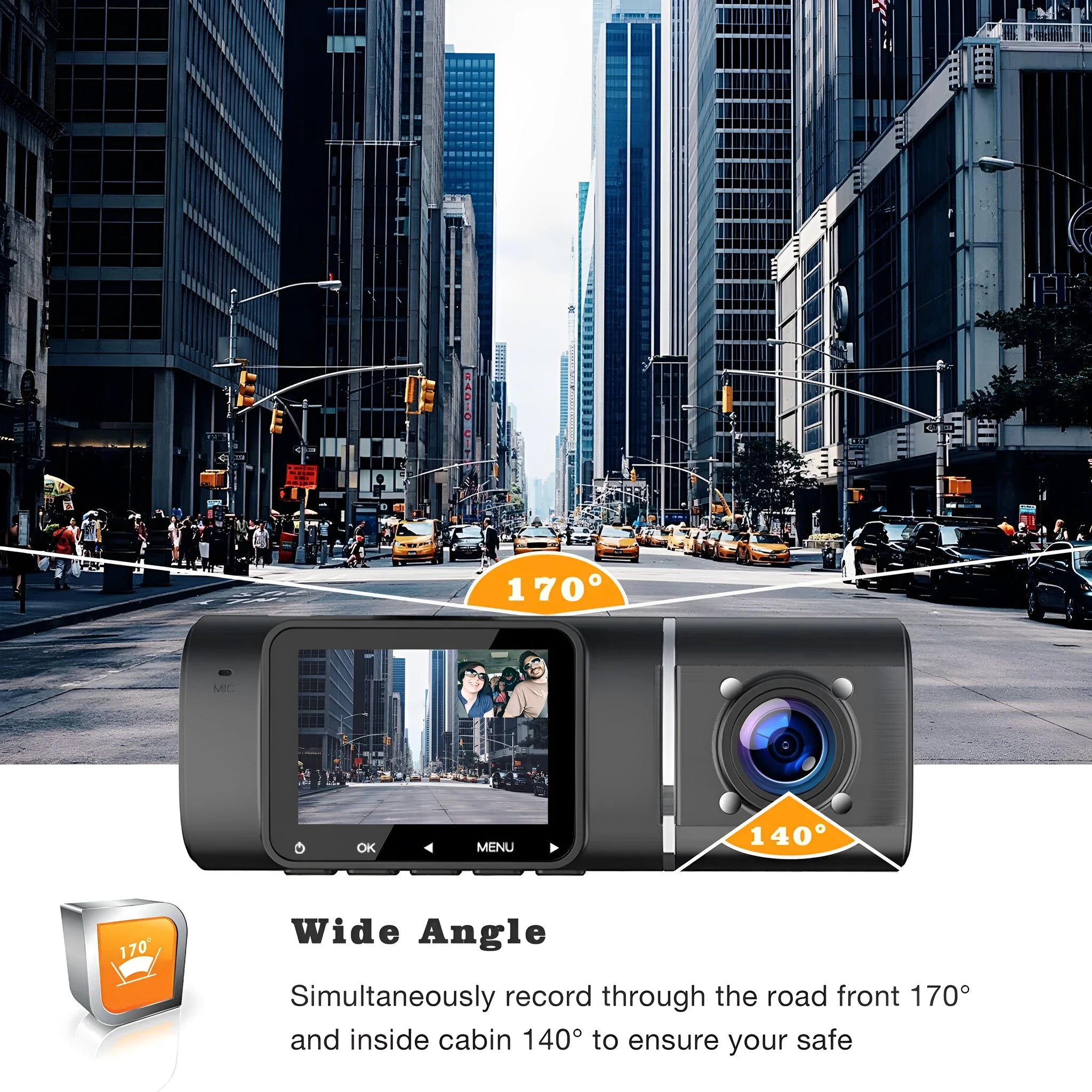 Standard black 1080p dashcam car camera with screen, shown with car charger and stand.