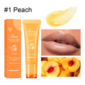 Women's lip gloss in a tube with four flavour options: berry, grape, grapefruit, and yellow peach.