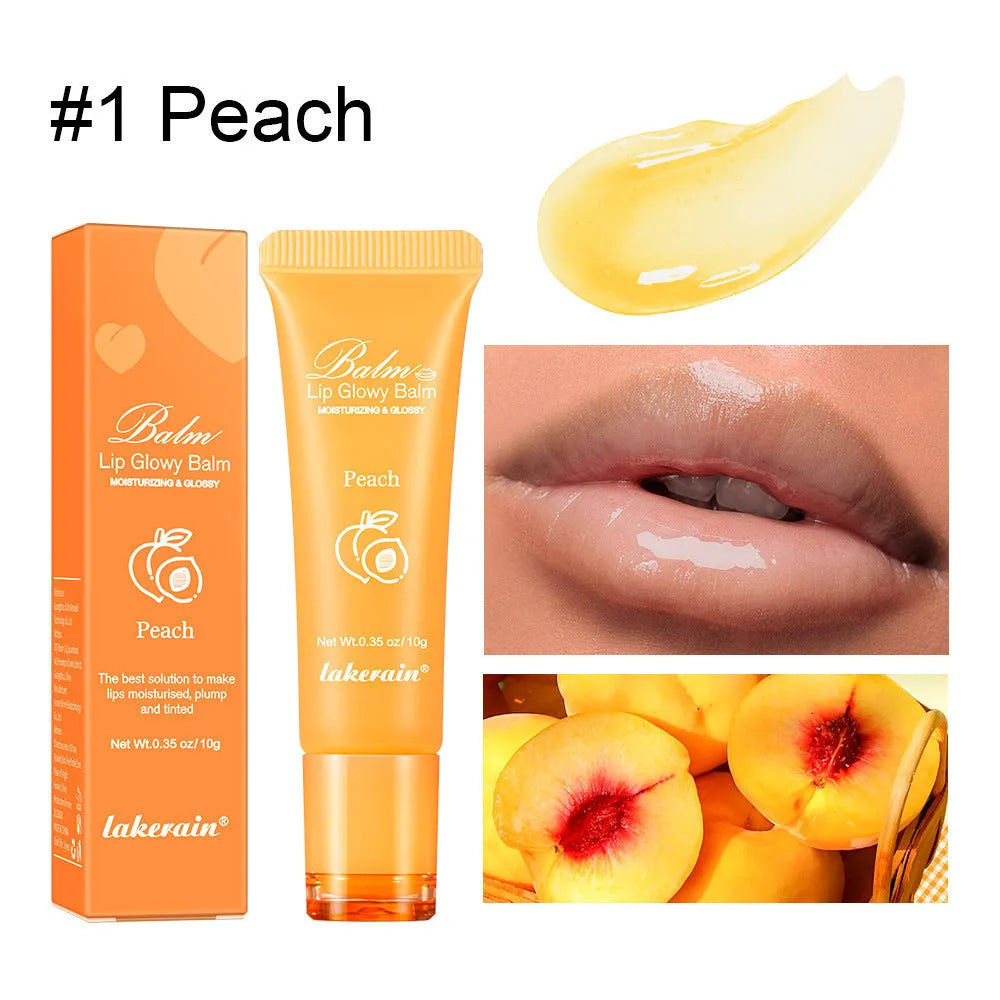 Women's lip gloss in a tube with four flavour options: berry, grape, grapefruit, and yellow peach.