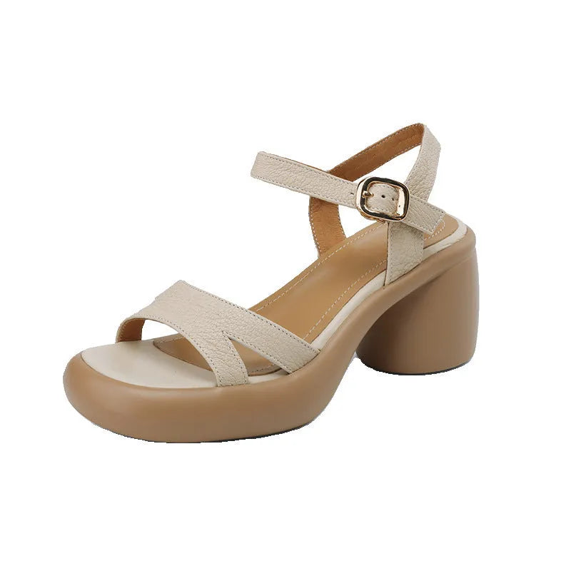 Open toe platform sandals for women in apricot colour with a microfiber upper and rubber sole.