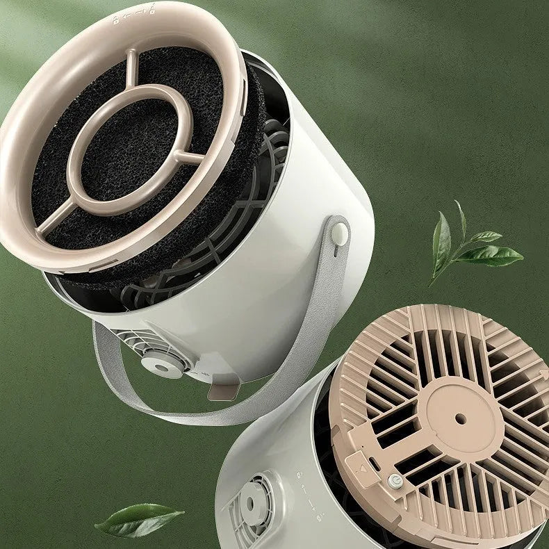 Milky white portable desktop exhaust fan with tripod stand and removable filter for kitchen smoke extraction