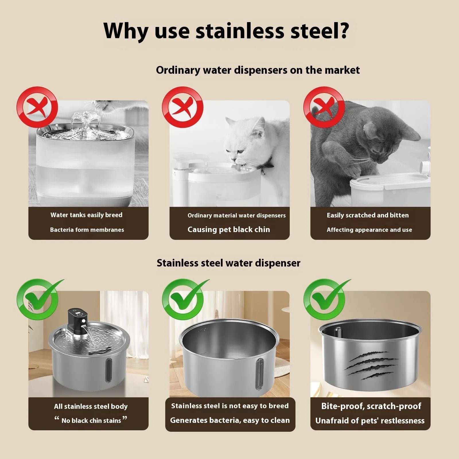 Stainless steel pet water fountain with a white heating base on a wooden floor.