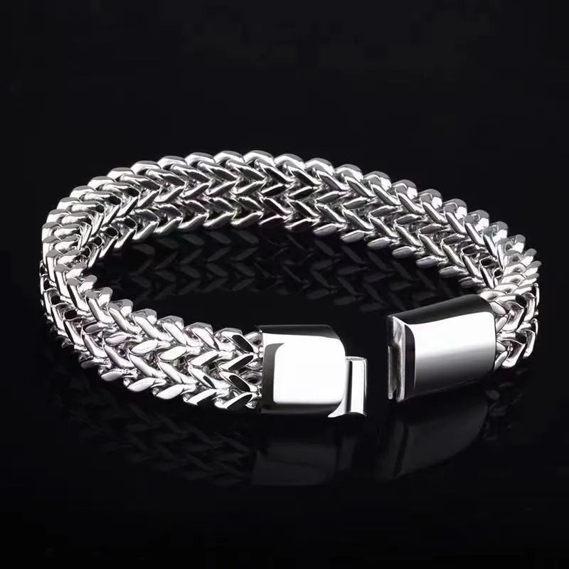 Men's stainless steel hip hop bracelet with geometric pattern on front and back, silver colour with 4x8mm or 5x10mm link options