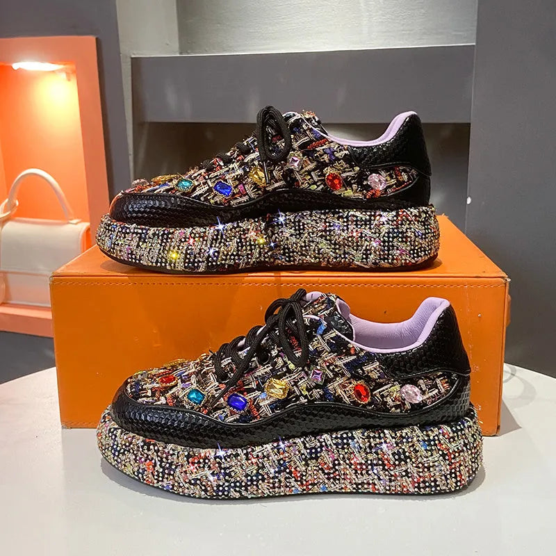 Women's colourful tweed platform loafers with gemstones on slip-on flat shoes, black and white options available