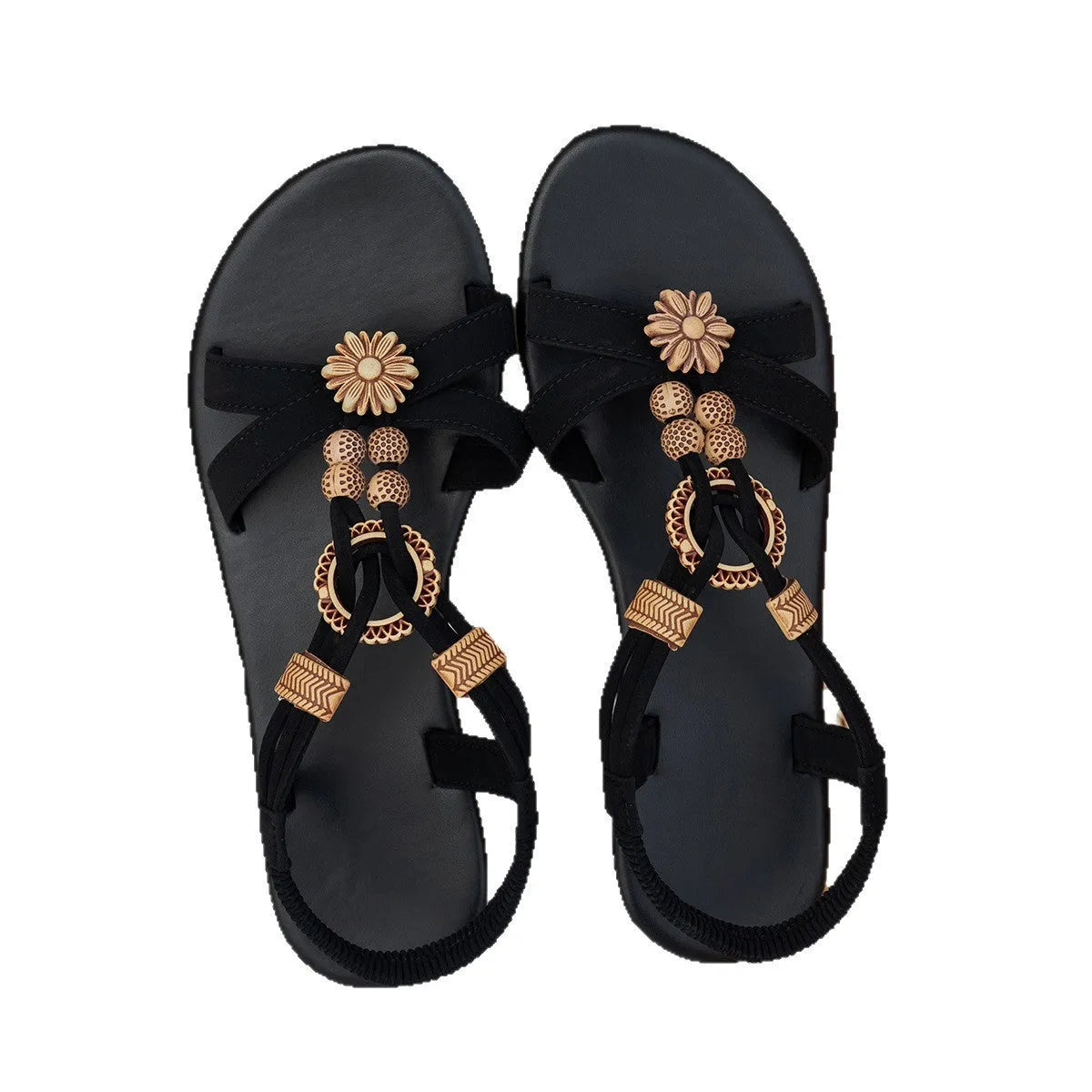 Black ethnic style women's flat beach sandals with beaded weave upper and open toe design