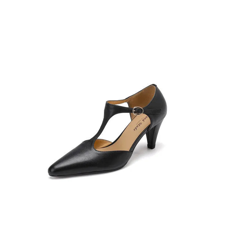 Brown women's retro sandals with a buckle T-strap, closed round toe, and a chunky short heel.