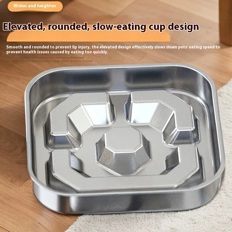 Square stainless steel slow feeding bowl with bone-shaped pattern for dogs and cats